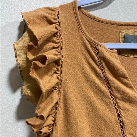 Anthropologie Golden Camel Linen Blend Ruffle Sleeve Babydoll Top | Size XS - Picture 8 of 12